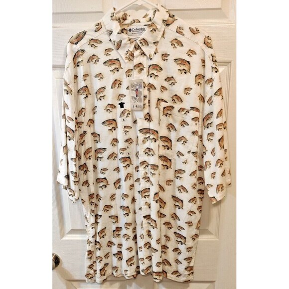 Columbia Other - Mens XL Columbia Short Sleeve Salmon Fish Print Shirt Button Down Brand New